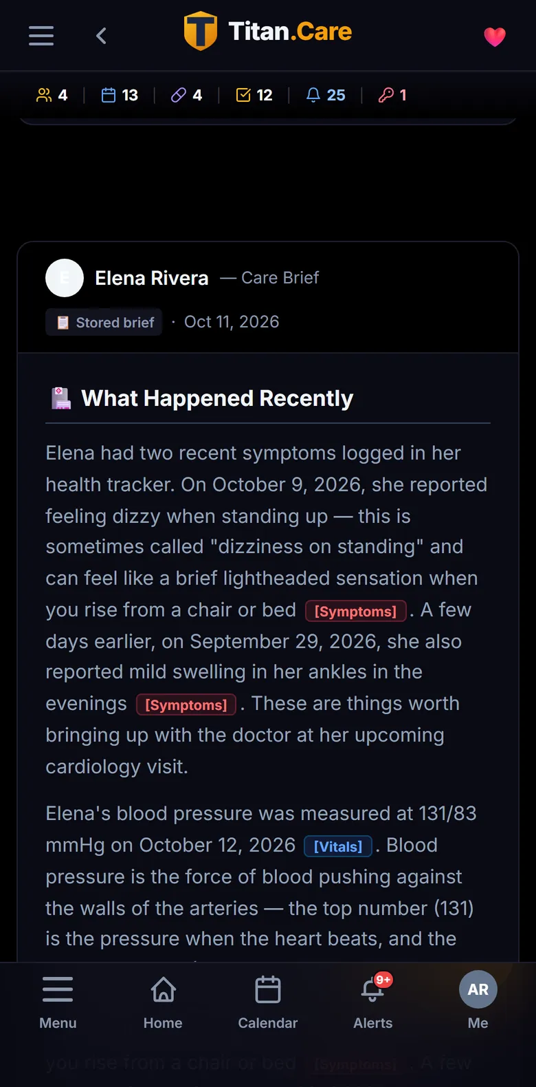 A Care Brief in Titan.Care, summarising Elena's recent symptoms and results in plain language