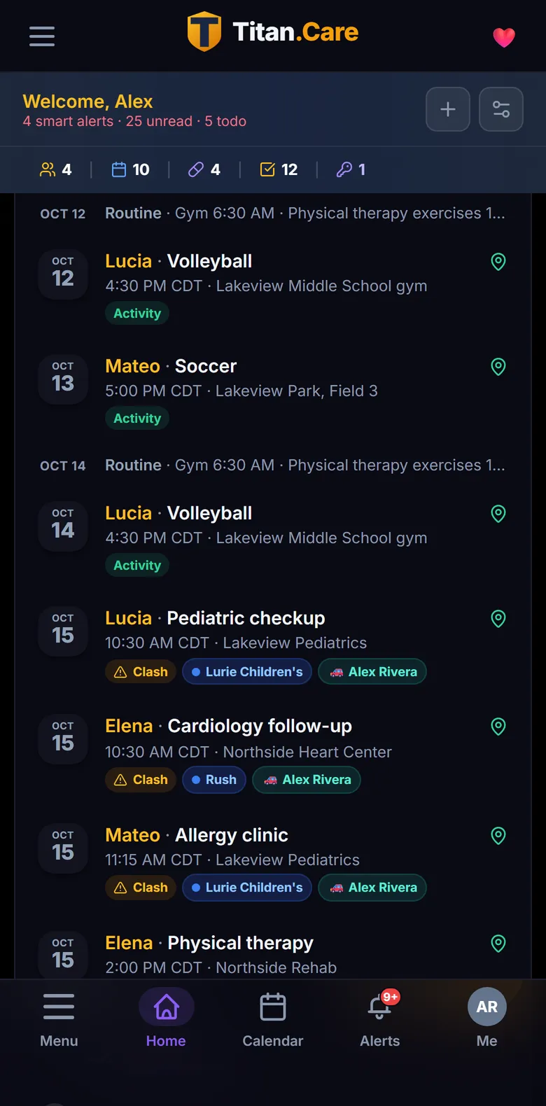 The Appointments widget on the Titan.Care home screen, listing the family's next two weeks with clash badges and the health system each appointment synced from