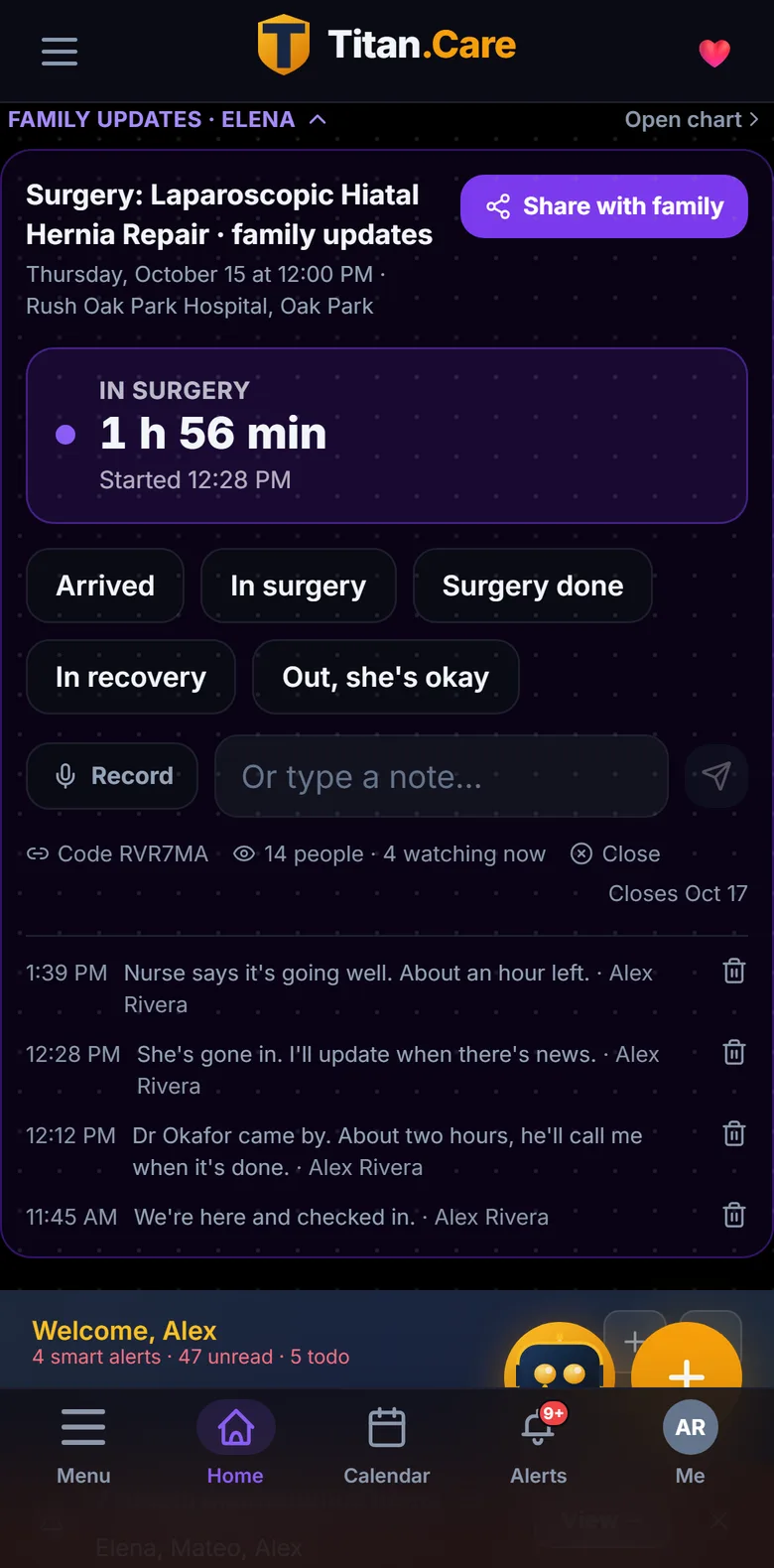 The Family Updates panel in Titan.Care, with a running surgery timer and buttons for Arrived, In surgery, Surgery done, In recovery and Out