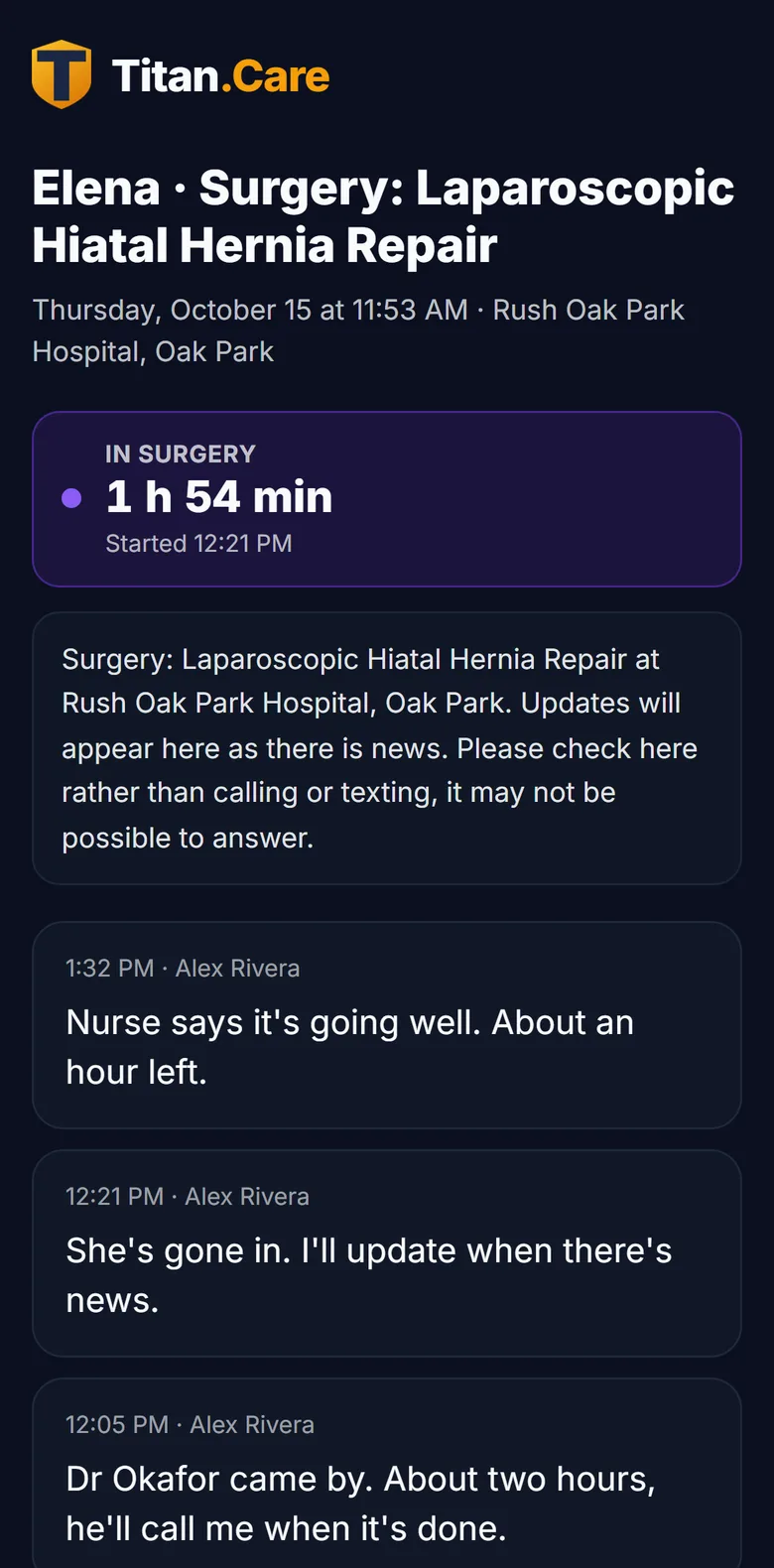 The shared family update page, showing the day's posts to relatives who do not have the app