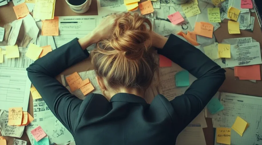 A woman with her head in her hands over a desk covered in sticky notes