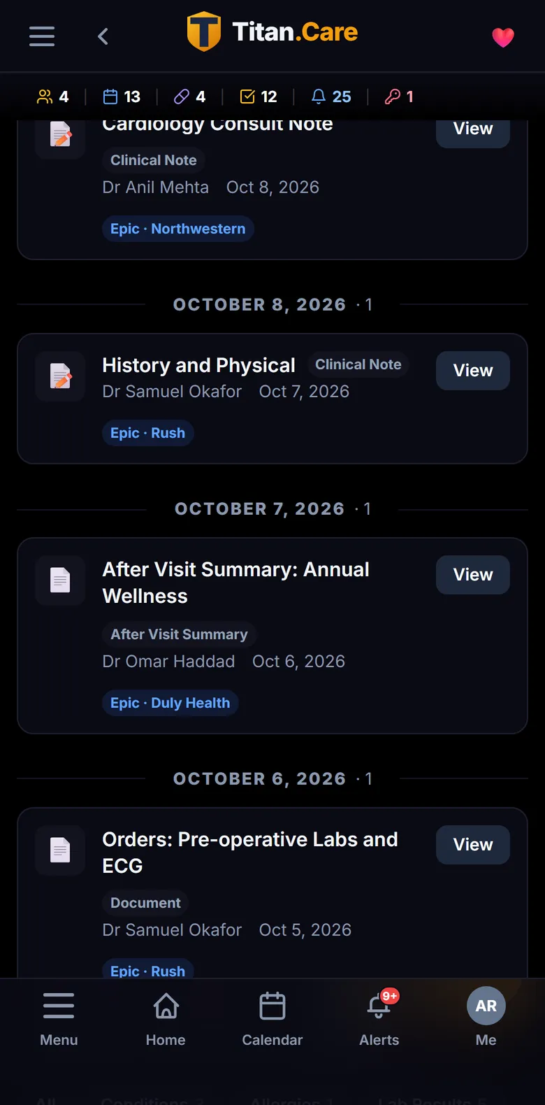 Elena's records in Titan.Care: documents from Rush, Duly Health, Northwestern, Endeavor Health and Loyola in one list