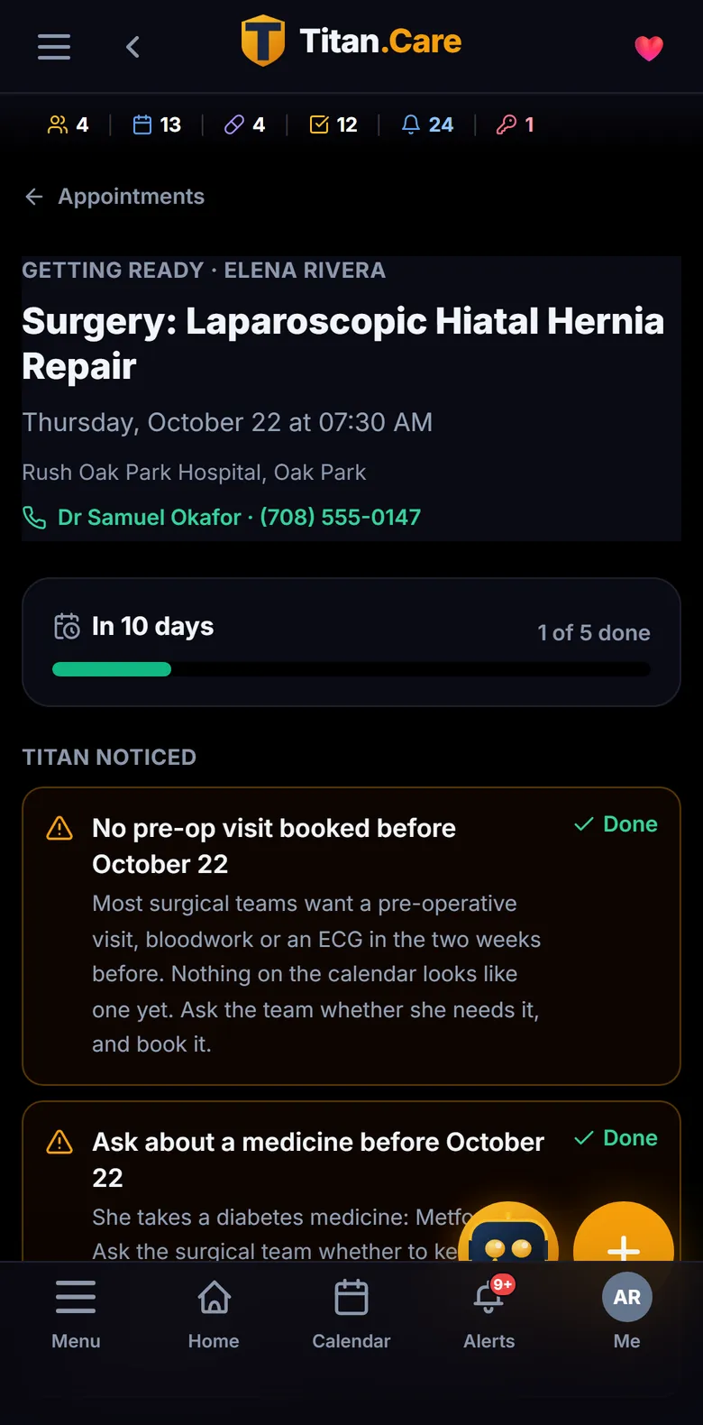 The surgery readiness page in Titan.Care, listing what Titan noticed and what the family still has to do